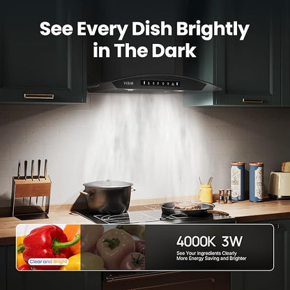 Black 30 inch Wall Mounted Range Hood Glass 900 CFM, Stainless Steel Kitchen Hood Vent with Gesture/Touch Controls, 3-Speed Exhaust Fan and Stainless Steel Baffle Filter, 2 LED Lights
