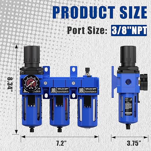 NEWPO 1/2'' NPT Compressed Air Filter Regulator Lubricator Combo with Pressure Gauge,Brass Filter and Coalescing Filter,Semi-Auto Drain, Metal Bracket-Blue