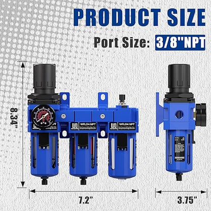 NEWPO 1/2'' NPT Compressed Air Filter Regulator Lubricator Combo with Pressure Gauge,Brass Filter and Coalescing Filter,Semi-Auto Drain, Metal Bracket-Blue