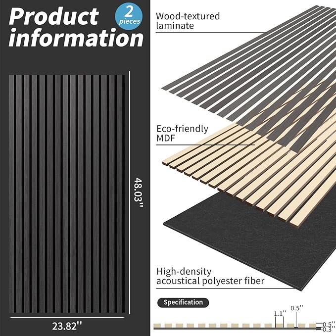 Wood Slat Wall Panel, 48'' x 24'' Wood Panels for Wall, 3D Soundproof Wall Panels, Large Acoustic Panels for Interior Ceiling and Wall Decor Noise Reduction, 2 Pack, Smoky Wood