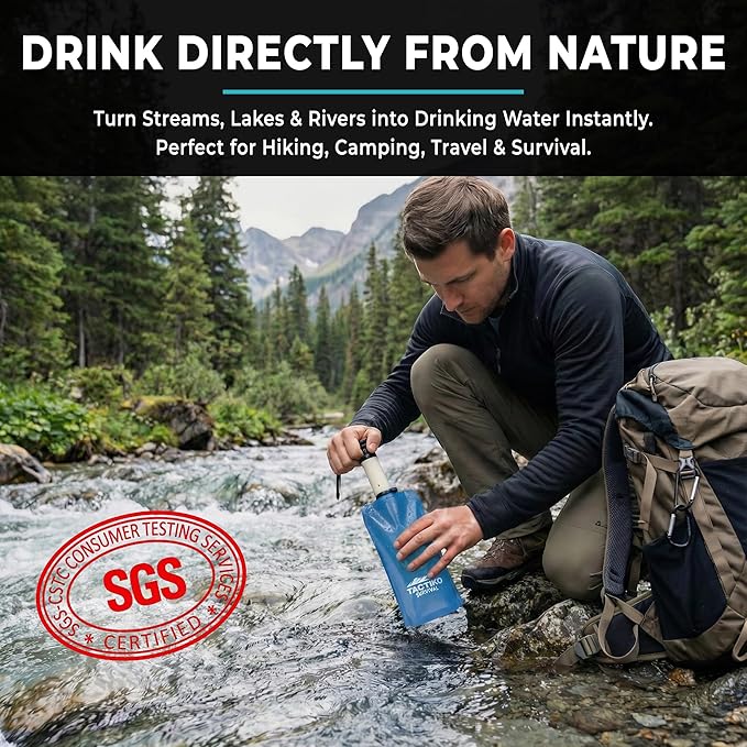 2-Pack Tactiko Survival 20oz/600ml Filtered Water Bottle Kit - Purify 265 Gal. Water from Rivers, Lakes & Streams - SGS Certified - UF Membrane, Activated Carbon - Camping, Emergency (Blue/Green)