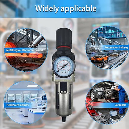 HengMinLingTong AW3000-03D 3/8" NPT Compressed Air Filter Regulator Combo Piggyback, 5 Micron Brass Element, Poly Bowl, Auto Drain, Metal Bracket, 0-150 psi Gauge