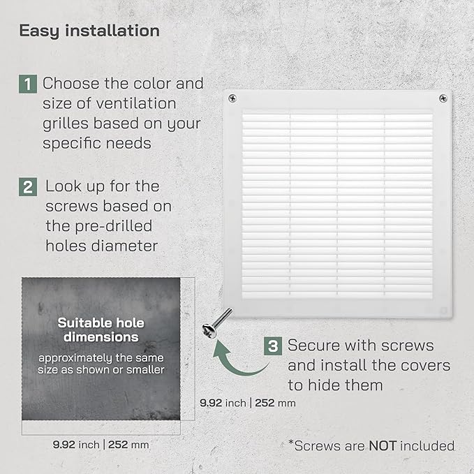 Vent Systems 10" x 10" Inch (Opening Dimensions) - Pack of 5 - White Plastic Soffit Vent Cover - Durable Flat Square Air Vent Grille with Mesh Screen - Ventilation Grill Wall, Ceiling Indoor, Outdoor