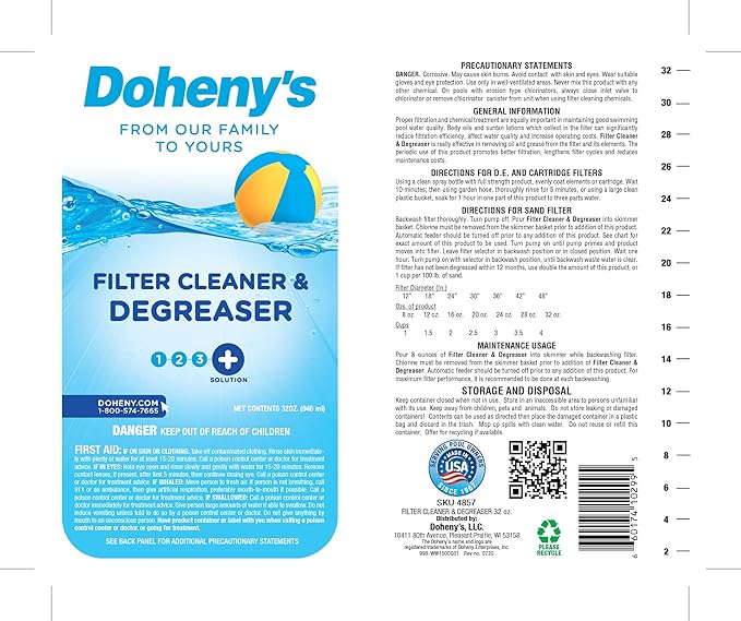 Doheny's Pool Filter Cleaner Degreaser | 100% Professional-Grade | Prevents Sand Bed Channeling And