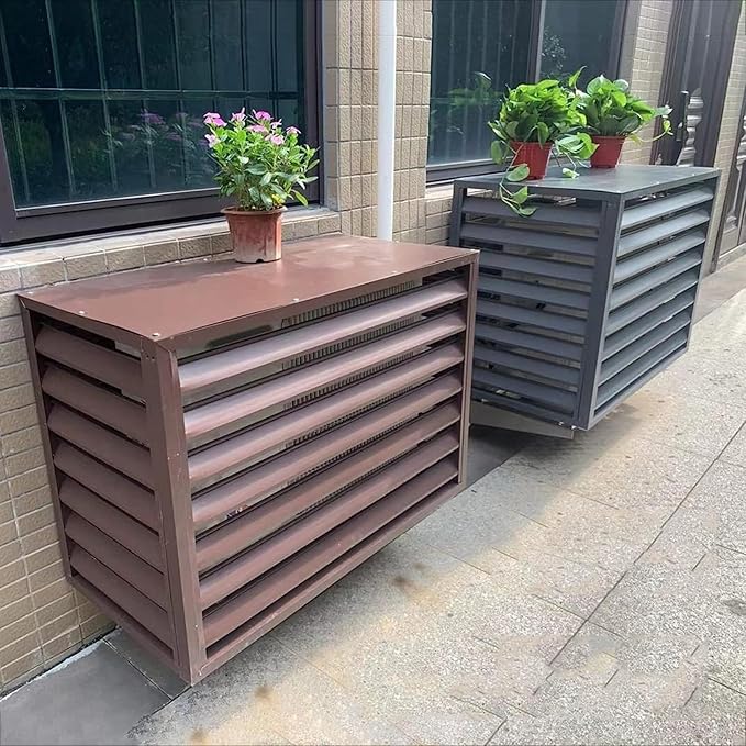 Outdoor Air Conditioner Cover Aluminum Decorative Fence Privacy Screen Protective Grilles for Heat Pumps Trash Can Enclosure Flower Stand Perfect for Concealing (Brown 110x60x80cm)