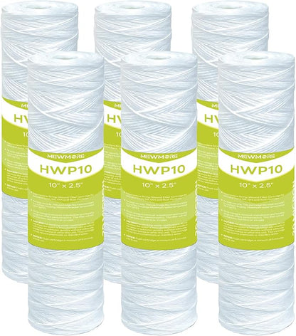 20 Micron Whole House Water Filter Cartridge, String Wound Sediment Filters for Well Water, Universal Replacement for Any 10 inch RO Unit - 10" x 2.5" Cartridges - Pack of 6