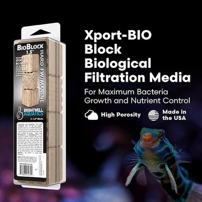 Brightwell Aquatics - Xport-BIO Block Aquarium Filter - Biological Filtration Media for Bacteria Growth, Nutrient Control & Control of Unwanted Nutrients - Aquarium Water Treatments, 4 Pack, 1.5 inch