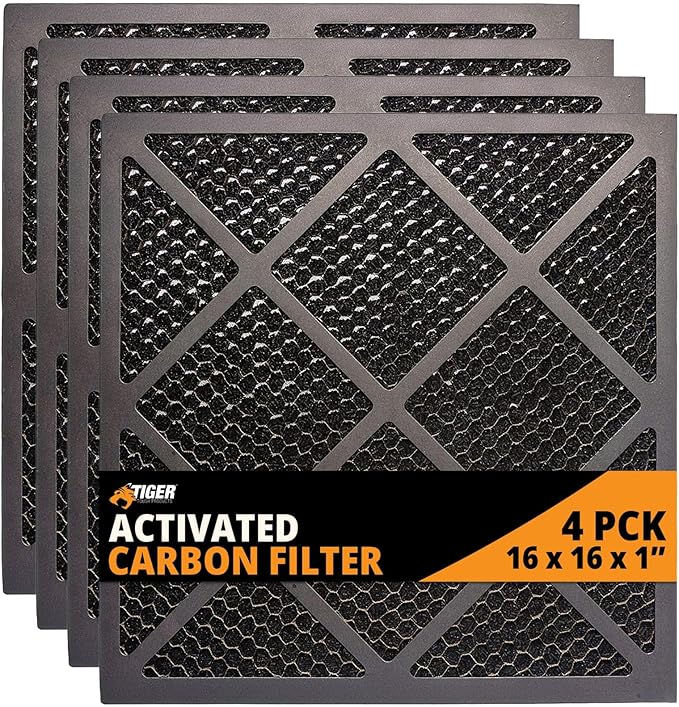 Tiger Tough HEPA 500 Activated Carbon Filter 16x16x1 – Replacement Air Purifier Filter for Air Scrubbers, Odor Removal & VOC Control – Compatible with HEPA Air Purifiers & Home Air Filters - Pack of 4