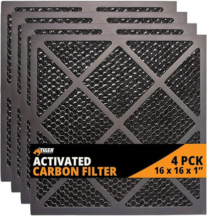 Tiger Tough HEPA 500 Activated Carbon Filter 16x16x1 – Replacement Air Purifier Filter for Air Scrubbers, Odor Removal & VOC Control – Compatible with HEPA Air Purifiers & Home Air Filters - Pack of 4