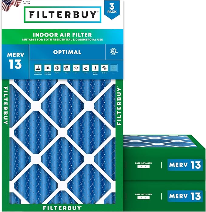 Filterbuy 16x24x4 Air Filter MERV 13 Optimal Smoke & Allergy Defense (3-Pack), Electrostatic Pleated HVAC AC Furnace Filters Replacement, Made in USA (Actual Size: 15.38 x 23.38 x 3.63)