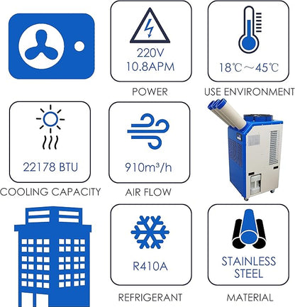 Portable Air Conditioner 22,178 BTU Industrial Spot Cooler Air Conditioner 910m³/h Mobile Outdoor Indoor Cooling Aircon with Three Column 220V 2400W