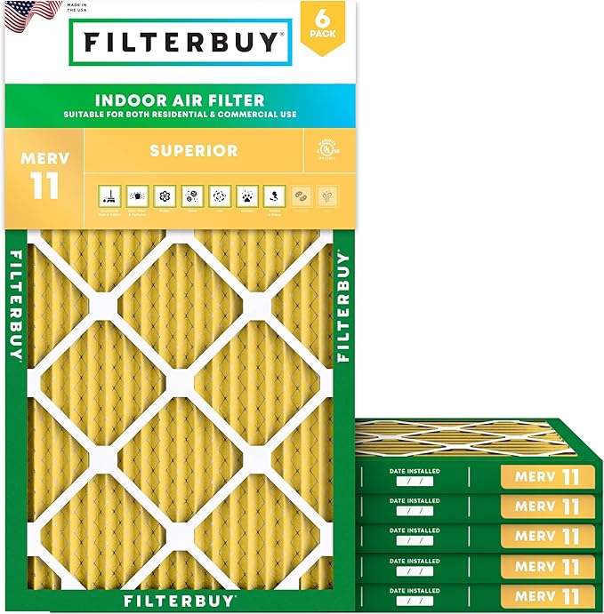Filterbuy 15x30x1 Air Filter MERV 11 Superior Pet & Allergy Defense (6-Pack), Electrostatic Pleated HVAC AC Furnace Filters Replacement, Made in USA (Actual Size: 14.50 x 29.50 x 0.75)