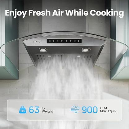 36" Wall Mount Range Hood Tempered Glass 900 CFM, Kitchen Chimney Vent Stainless Steel, with Gesture Sensing and Touch Control Switch Panel, 3-Speed Exhaust Fan Permanent Filter