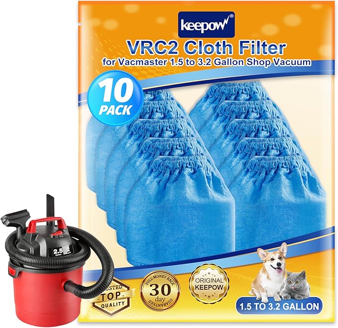 KEEPOW 10 Pack VRC2 Cloth Filter Compatible with Vacmaster 1.5 to 3.2 Gallon Wet/Dry Vacuums,Compatible with Armor All AA155 AA256 AA255