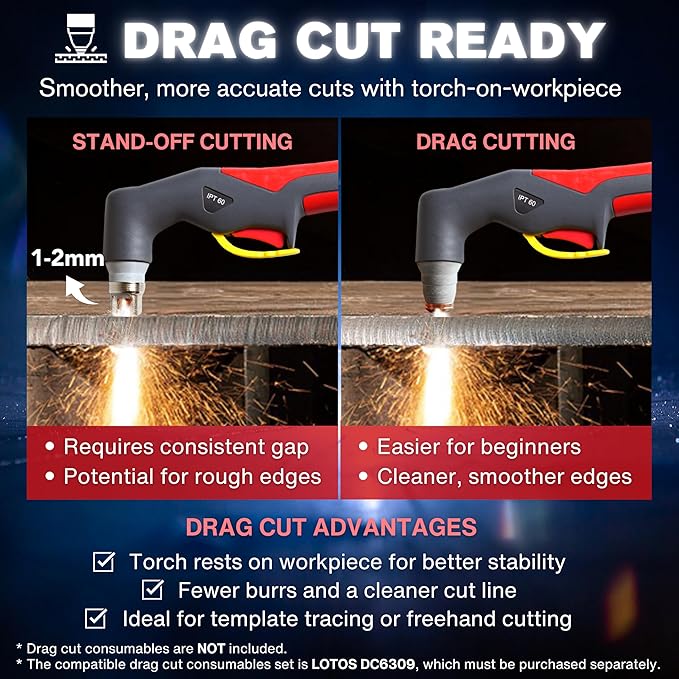 LTP6300D | 63A Non-Touch Pilot Arc Plasma Cutter, Drag-Cut Enabled, Non-HF Blowback Start, 3/4" Clean (1" Sever), Dual-Voltage 110/220V, LED Controls, Portable Air Plasma Cutter