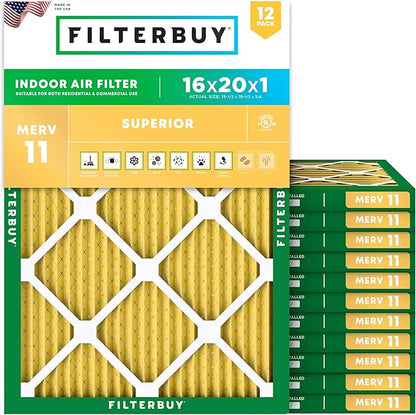 Filterbuy 16x20x1 Air Filter MERV 11 Superior Pet & Allergy Defense (12-Pack), Electrostatic Pleated HVAC AC Furnace Filters Replacement, Made in USA (Actual Size: 15.50 x 19.50 x 0.75)