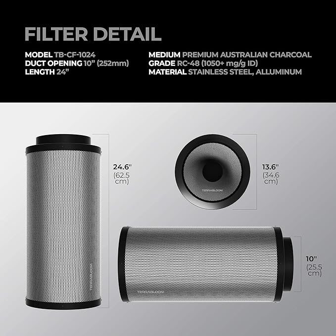 TerraBloom 10" Grow Ventilation Combo - 10" EC Fan and 10"x24" Premium Activated Air Carbon Filter For Large Grow Spaces