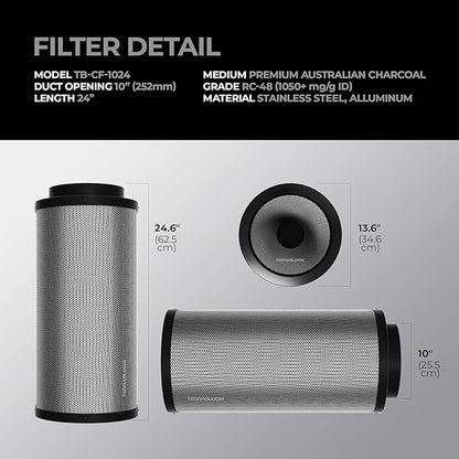 TerraBloom 10" Grow Ventilation Combo - 10" EC Fan and 10"x24" Premium Activated Air Carbon Filter For Large Grow Spaces