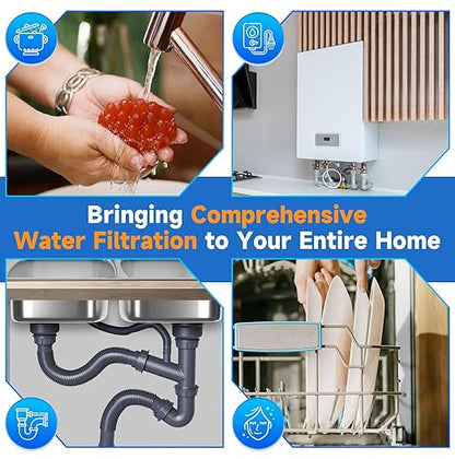 PUREPLUS 2-Stage Whole House Water Filtration System, Reduces Heavy Metals, Chlorine & Odor, 10" x 4.5" Housings, 1" Inlet/Outlet, RFN KDF Carbon & CTO Coconut Shell Filters, Pressure Gauges Included