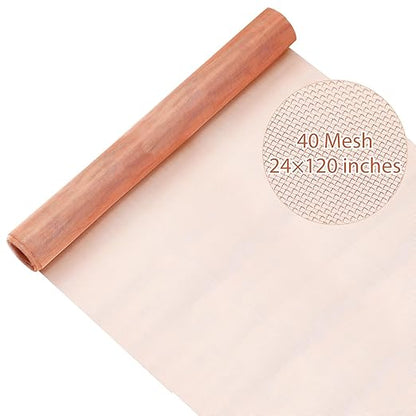 Therwen 24 Inch x 10 ft Copper Mesh Screen 99.9% Pure Copper 40 Mesh Roll Wire Fabric for Grounding Dense Filter Screen Woven Crafts Window Protection