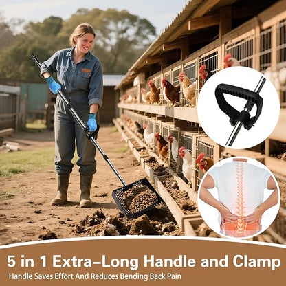 12-Inch Heavy Duty Chicken Poop Scooper & Rake 2-in-1 with 36-77" Adjustable Stainless Steel Handle Ergonomic Metal Sifting Shovel for Chicken Coop, Goat Stall,Animals House Cleaning