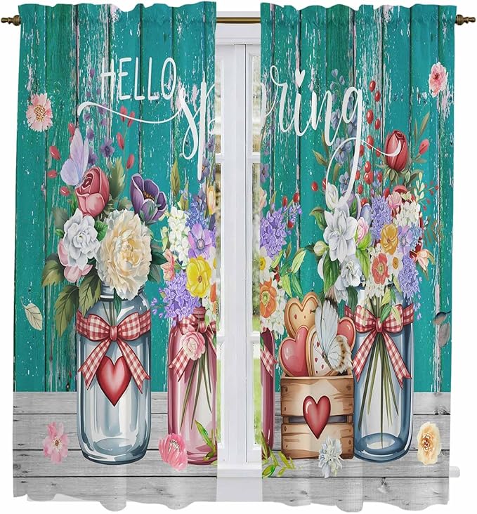 Spring Flowers Kitchen Curtains, Farmhouse Watercolor Teal Wood Grain Light Filtering Window Curtain Panels, 2Pcs Rod Pocket Window Treatments Set for Living Room Bathroom Bedroom 42x63 Inches