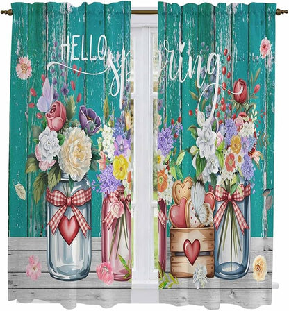 Spring Flowers Kitchen Curtains, Farmhouse Watercolor Teal Wood Grain Light Filtering Window Curtain Panels, 2Pcs Rod Pocket Window Treatments Set for Living Room Bathroom Bedroom 42x63 Inches