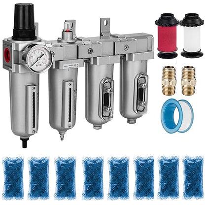 NANPU 1/2" NPT Industrial Grade 4 Stage Air Drying System - Particulate Filter, Coalescing Filter, Double Desiccant Dryers & Air Regulator, Metal Bowl, Auto Drain, for Paint Spray＆ Plasma Cutter