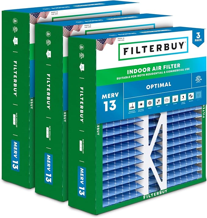 Filterbuy 20x20x5 Air Filter MERV 13 Optimal Smoke & Allergy Defense (3-Pack), Pleated HVAC AC Furnace Filters for Honeywell FC100A1011, Lennox X0585, and More (Actual Size: 19.63 x 19.88 x 4.38)