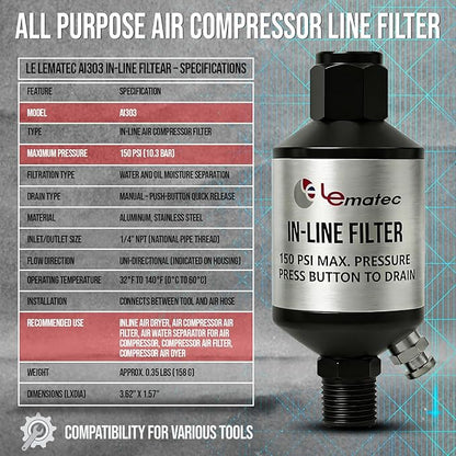 LE LEMATEC Air Compressor Water Separator - 1/4" NPT Inline Filter & Air Line Water Separator for Air Compressor, Moisture Trap Paint Gun Filter for Pneumatic Tools & Plasma Cutters, AI303