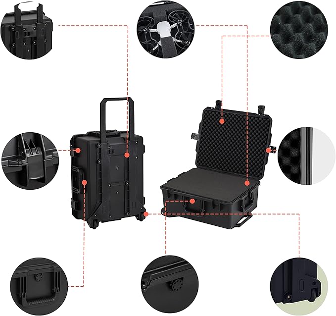 MEIJIA Portable All Weather Premium Rolling Wheels Waterproof Hard Compact Camera Case with Customizable Fit Foam,Pull Handle, 24.6"X19.7"X11.7",Black