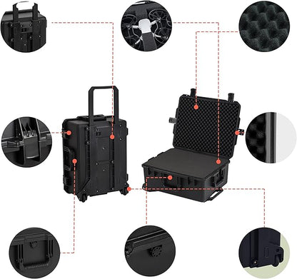 MEIJIA Portable All Weather Premium Rolling Wheels Waterproof Hard Compact Camera Case with Customizable Fit Foam,Pull Handle, 24.6"X19.7"X11.7",Black