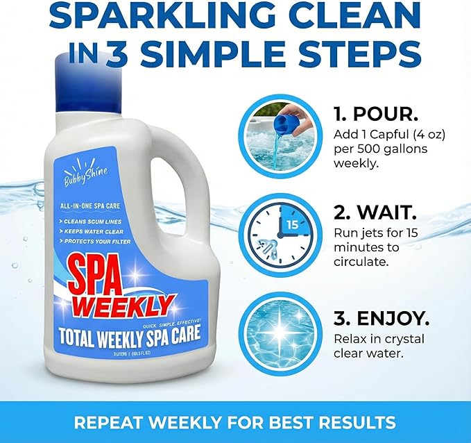 5-in-1 Hot Tub Chemicals – Spa Weekly Enzyme Cleaner & Clarifier, Scum Line Cleaner, Filter Protector + Water Conditioner, Clear Finish for Spas & Inflatable Tubs, 3 Liter (101.5 fl oz) – BubbyShine