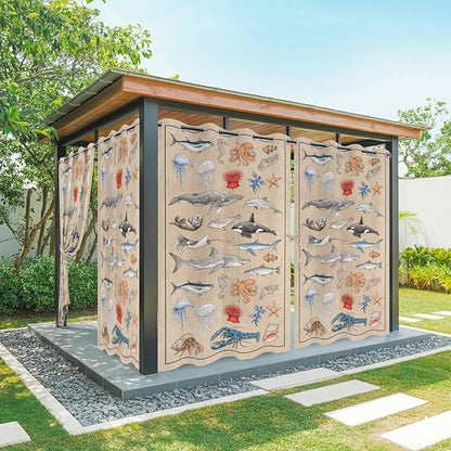 Vintage Outdoor Curtains for Patio Sharks Whales Lobsters Biographies Waterproof Outside Curtains with Grommet Top Weatherproof Curtain for Cabana Pergola Gazebo, 1 Panel, 54" W x 108" L
