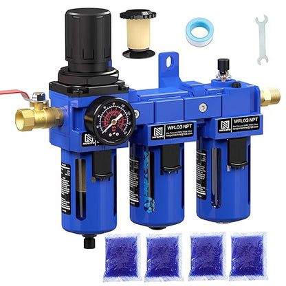 NEWPO 3/8" NPT Air Compressor Water Separator-Air Filter Regulator Lubricator Combo, Water/Oil Trap Separator,Brass Filter & Desiccant Dryers,Semi-Auto Drain,Metal Bracket-Blue