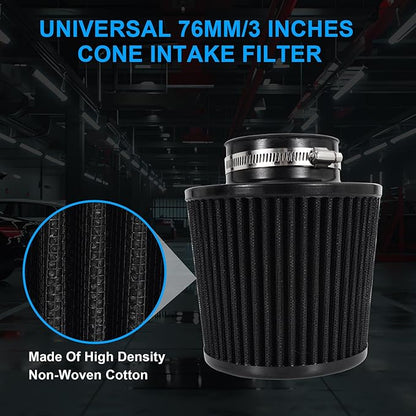 Cold Air Intake Filter High Performance Washable Filter Clamp-On Replacement Air Filter Flange Diameter 3inch/76mm Black