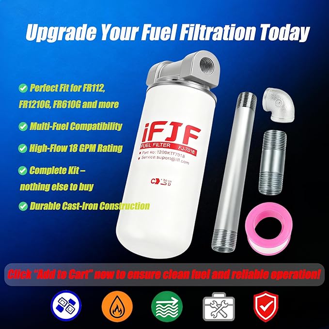 iFJF 1200KTF7018 Fuel Filter Spin-on Particulate Replacement for Transfer Pump FR112 FR1210G FR610G 18 GPM 3/4" with 1200KTG9075 Filter Head and 3/4” ST Elbow and 3/4 x 7” Nipple