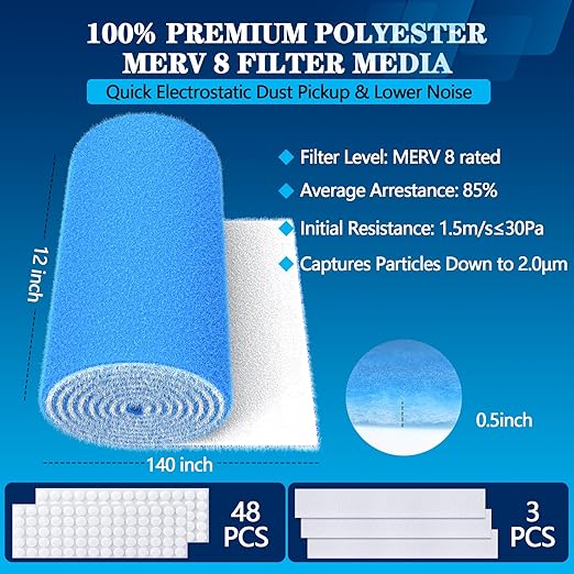 MERV 8 Air Vent Filters, 12" x 140"Cut to Fit Air Filter Material (70+ Filters),Electrostatic Triple Vent Filter for Floor, Ceiling, HVAC Furnace Vents, Includes 48 Adhesive Hook Tape