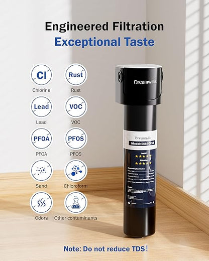 Dreamwills DS15 Under Sink Water Filter System, 1.3 GPM Direct Connect Kitchen Faucet Filtration, 3-Minute Tool-Free Install, Reduces Lead, Chlorine, Bad Taste, Retains Minerals, 2 Years
