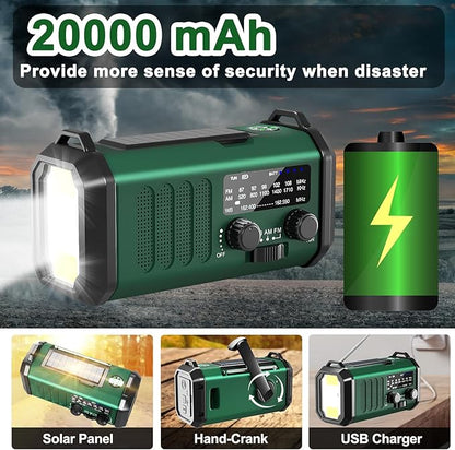 Emergency Radio-NOAA Weather Radio 20000mAh/74000mWh with AM/FM Portable Solar Panel/Hand Crank/AC Input Rechargeable Battery and Flashlight SOS Siren Lamp for Camping Indoor/Outdoor Emergencies