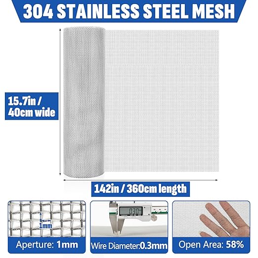 20 Mesh 304 Stainless Steel Mesh Screen, 15.7'' x 142''(40cm x 360cm) Wire Screen Mesh, Rust Free Woven Wire Mesh, Metal Mesh Screen for Air Vents, Window Screen, Filters, Garden Covers