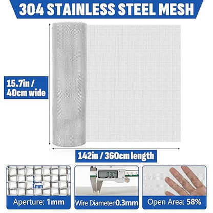 20 Mesh 304 Stainless Steel Mesh Screen, 15.7'' x 142''(40cm x 360cm) Wire Screen Mesh, Rust Free Woven Wire Mesh, Metal Mesh Screen for Air Vents, Window Screen, Filters, Garden Covers
