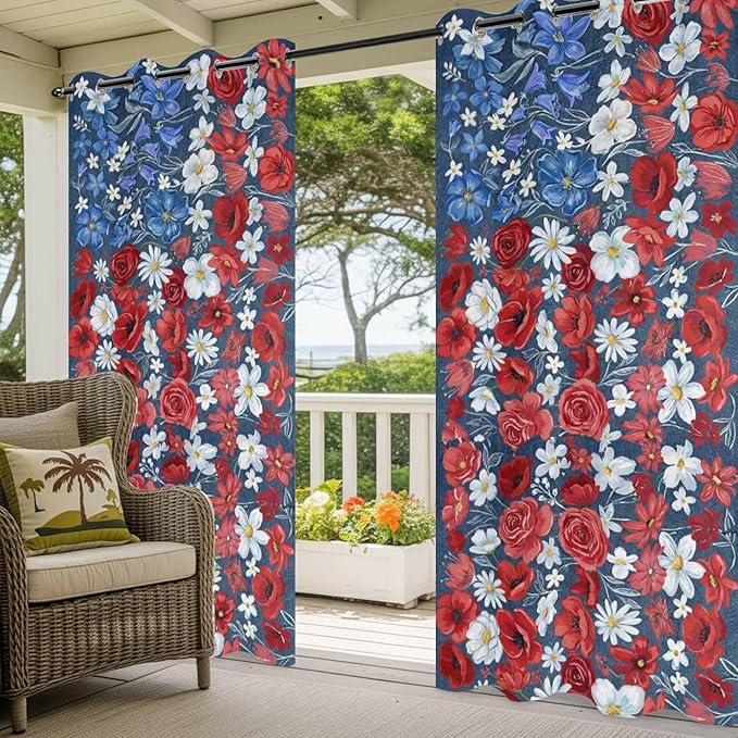 4th of July Outdoor Curtains for Patio Patriotic Flowers Farmhouse Red Waterproof Outside Curtains with Grommet Top Weatherproof Curtain for Cabana Pergola Gazebo, 1 Panel, 54" W x 95" L