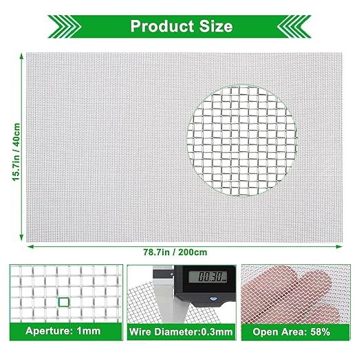 20mesh Stainless Steel Mesh Screen, 15.7"x78.7"(40x200cm) Metal Mesh Screen, 1mm Hole Woven Wire Mesh, No Rust and Easy to Cut for Air Vent, Window Screen, Cage, Filter Mesh DIY Projects