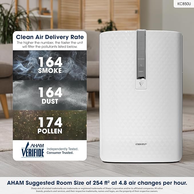 SHARP Air Purifier with Humidifier Combo – Covers up to 1,230 sqft in one hour, True HEPA Filter Air Purifier for Medium Rooms, Home Nursery, Dust, Smoke, Pollen - KC850U