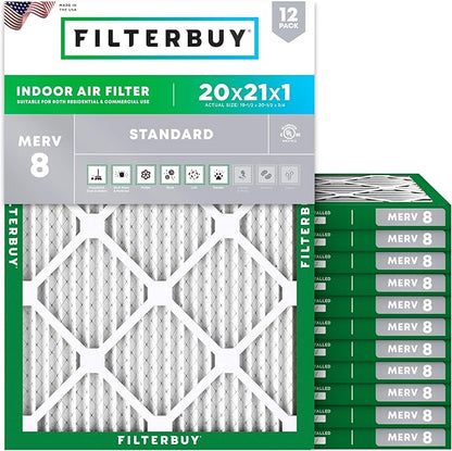 Filterbuy 20x21x1 Air Filter MERV 8 Essential Dust & Allergy Defense (12-Pack), Electrostatic Pleated HVAC AC Furnace Filters Replacement, Made in USA (Actual Size: 19.50 x 20.50 x 0.75)