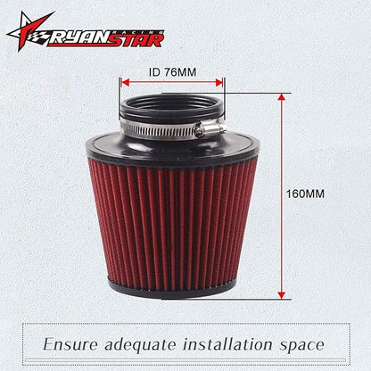 RYANSTAR 76mm 3" High Flow Round Tapered Cone Cool Air Filter Cleaner with Protective Cover, Universal Car Cold Air Filter Protective Cover Dustproof