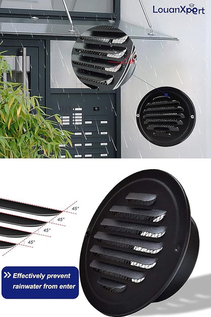 4 Inch Black Soffit Vent Cover,LouanXpert Stainless Steel Round Air Vent Cover Louvered Grille Wall Vent with Built-in Fine Mesh for Garage, Apartment, RV (100mm - 2PCS)