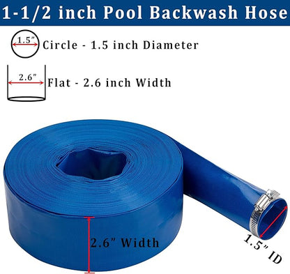 1-1/2 in x 100 ft Pool Backwash Hose Heavy Duty Drain Discharge PVC Lay flat General Purpose Vinyl Hose, Burst Resistant for Water Transfer Sump Pump Pool Filter (1.5in 100ft fiber reinforced hose)