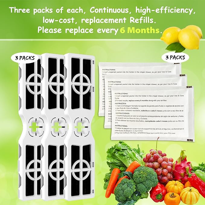 3 Replacement RAF-2 Air Filter (FRGPAAF2) And 3 Pack PK-1 Produce Saver Refills for Frigidaire Pure Air Produce Keeper FRPAPKRF2PK FRPAPKRF, Compatible with Frigidaire Crisp Seal Fresh System